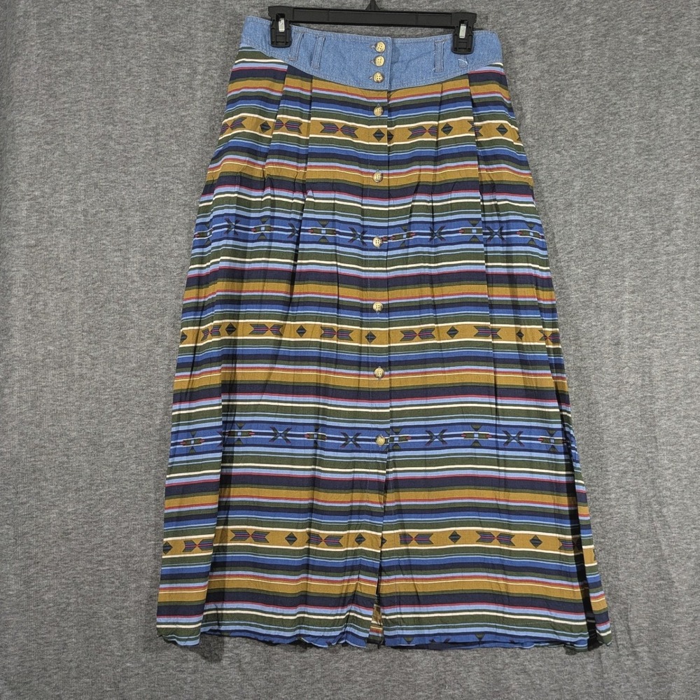 Vintage New Look Southwestern Aztec Maxi Skirt 90s Denim Waist Button Front Sz L